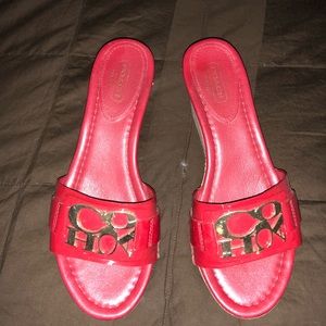 Coach Red Patten Leather Cork Wedges Sz 6